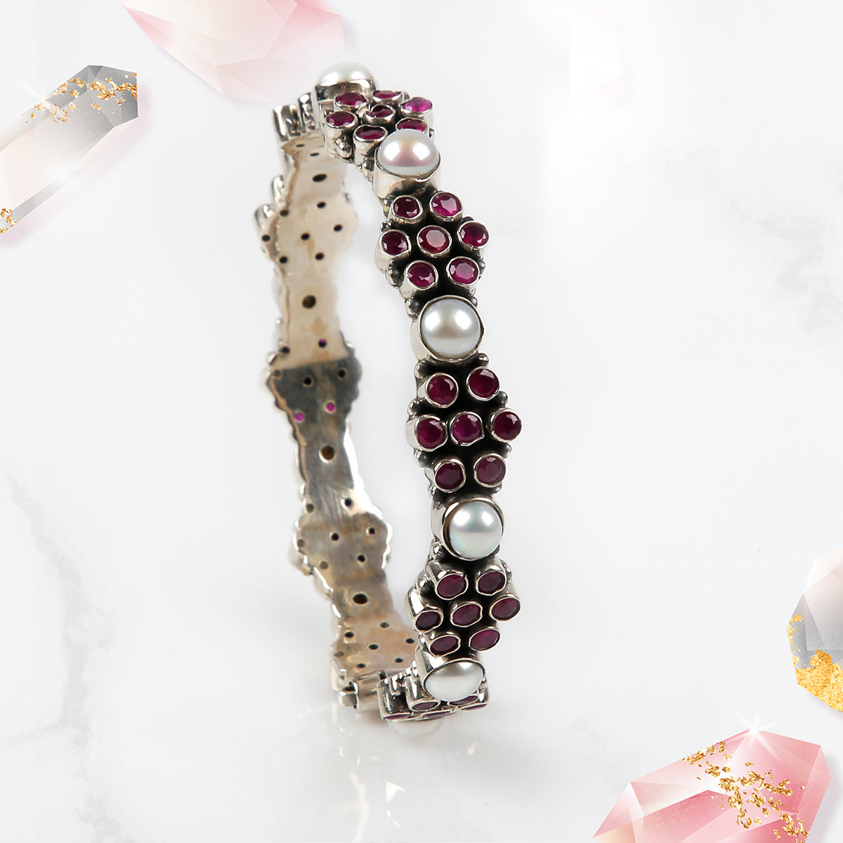 Ruby & Pearl Designer Silver Bangle Bracelet