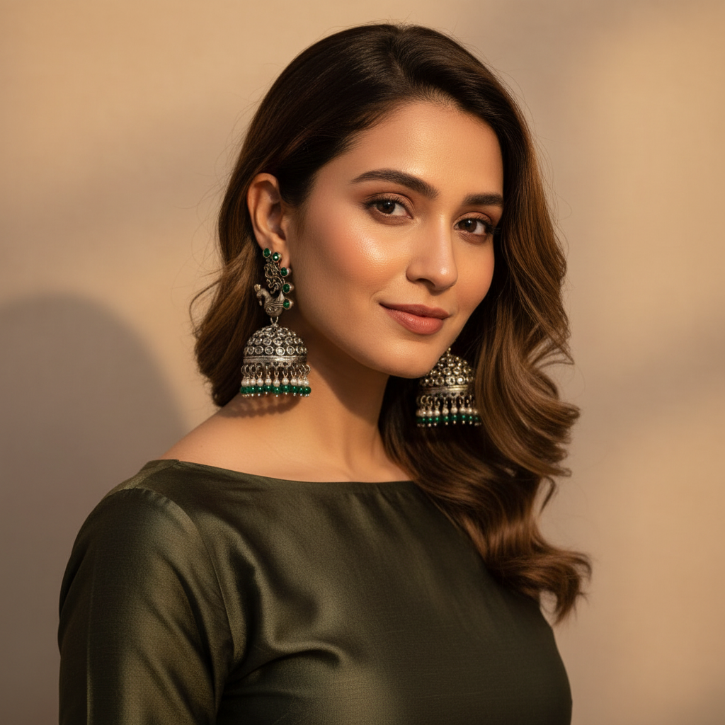 Krishnacrafts Sterling Silver Handcrafted Peacock Jhumka with Green Bead Drops.