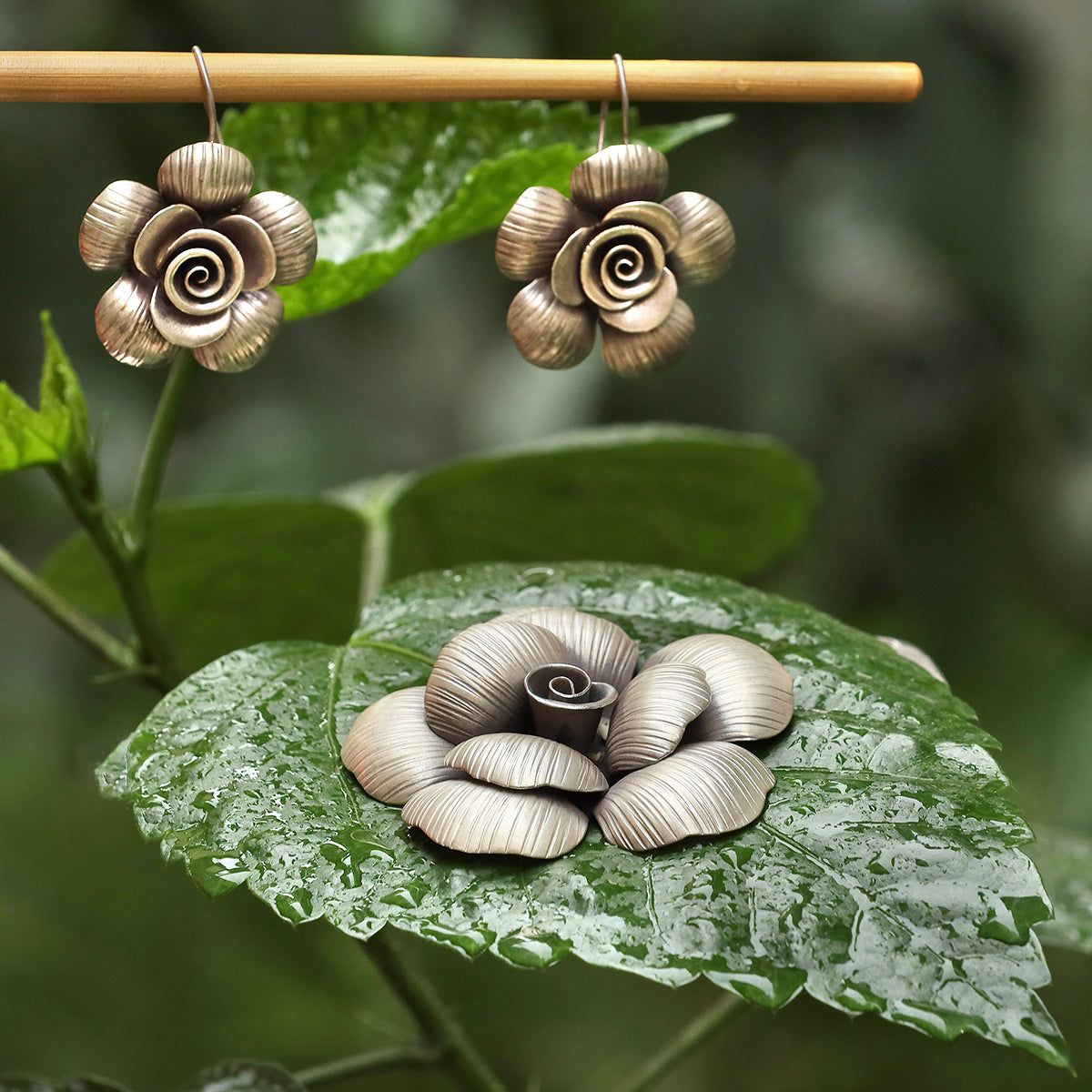 Handcrafted Vintage Rose Blossom Earrings – Antique Gold Finish