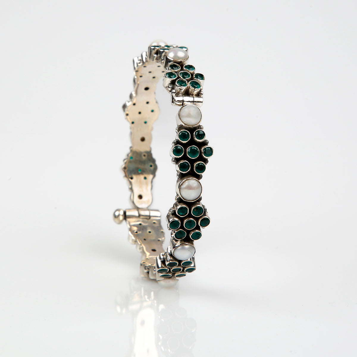 Elegant Silver Bangle with Green Stones and Pearls