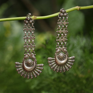 Krishnacrafts Sterling Silver Handcrafted Peacock Jhumka with Green Bead Drops.