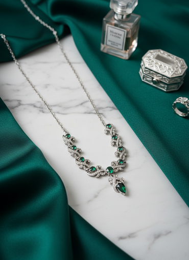 Krishnacrafts Sterling Silver  Necklace  with green Stones