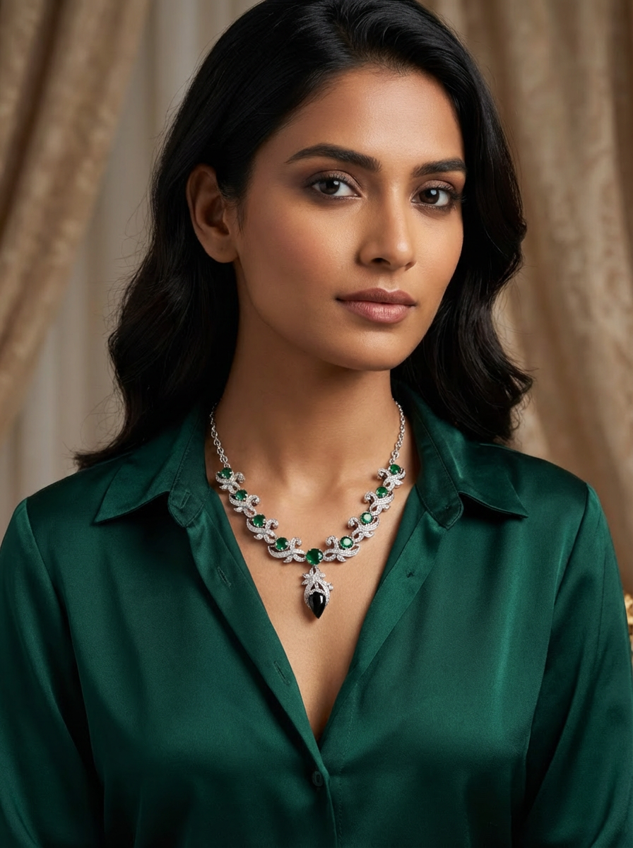 Krishnacrafts Sterling Silver  Necklace  with green Stones