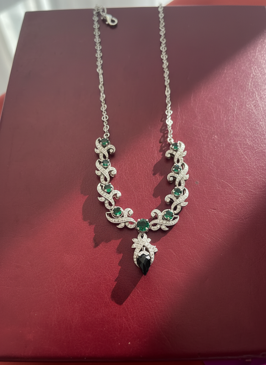 Krishnacrafts Sterling Silver  Necklace  with green Stones