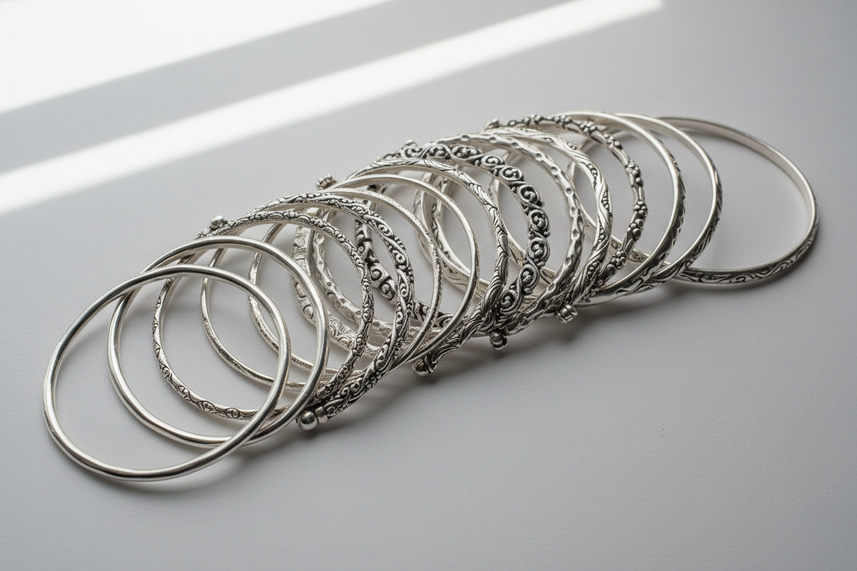 collection of silver jewellery bangles 