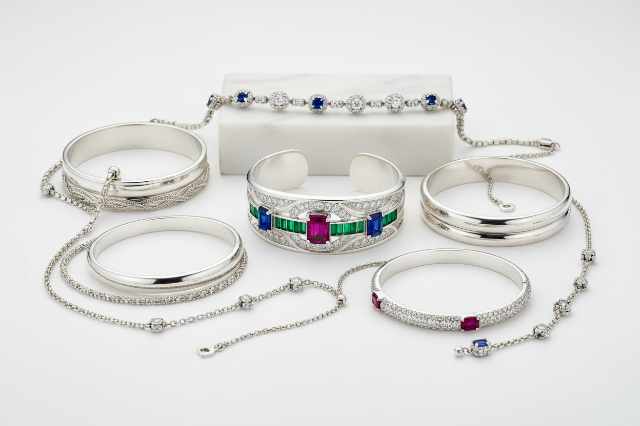 Silver bracelets collection, some with diamonds or stones